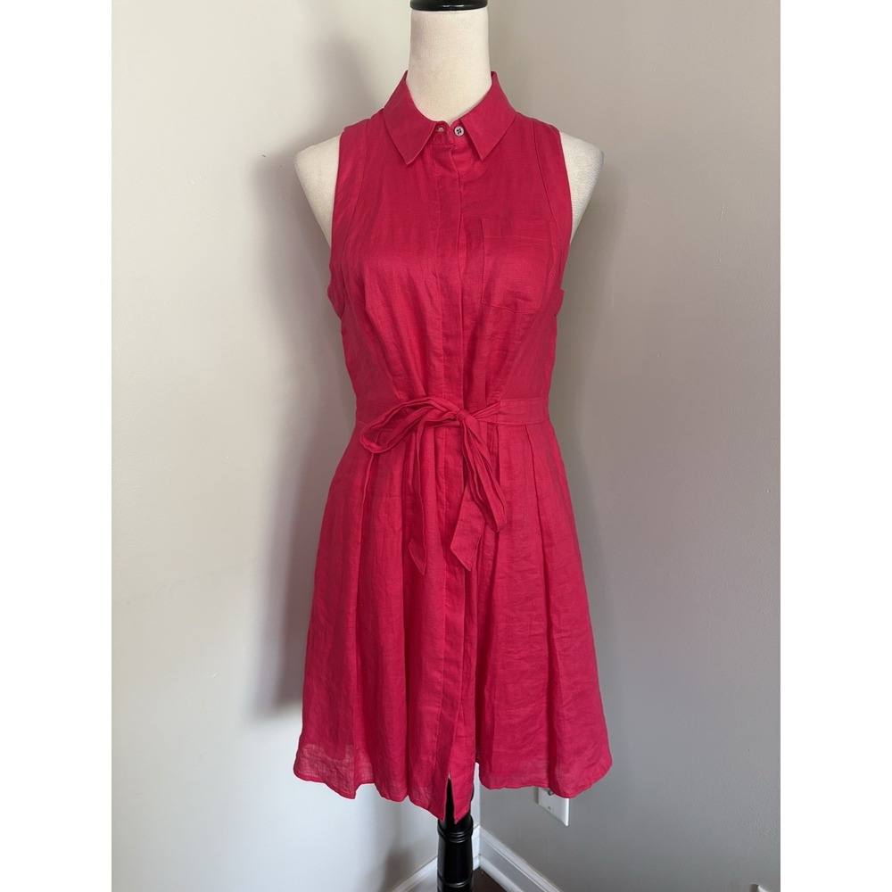 HD In Paris Anthropologie Dress 100% Linen Printemps Bright Pink Belted Size 6